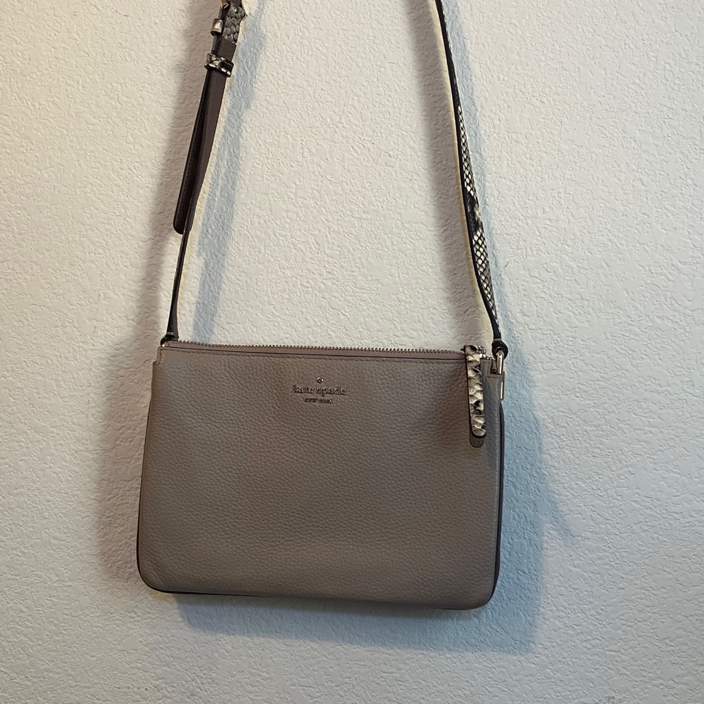Kate Spade Taupe Crossbody Bag Pebbled Leather With Crocodile Leather Straps